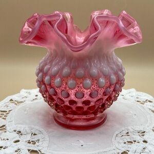 Vintage Fenton Cranberry Opalescent Hobnail Ruffled Rim Vase